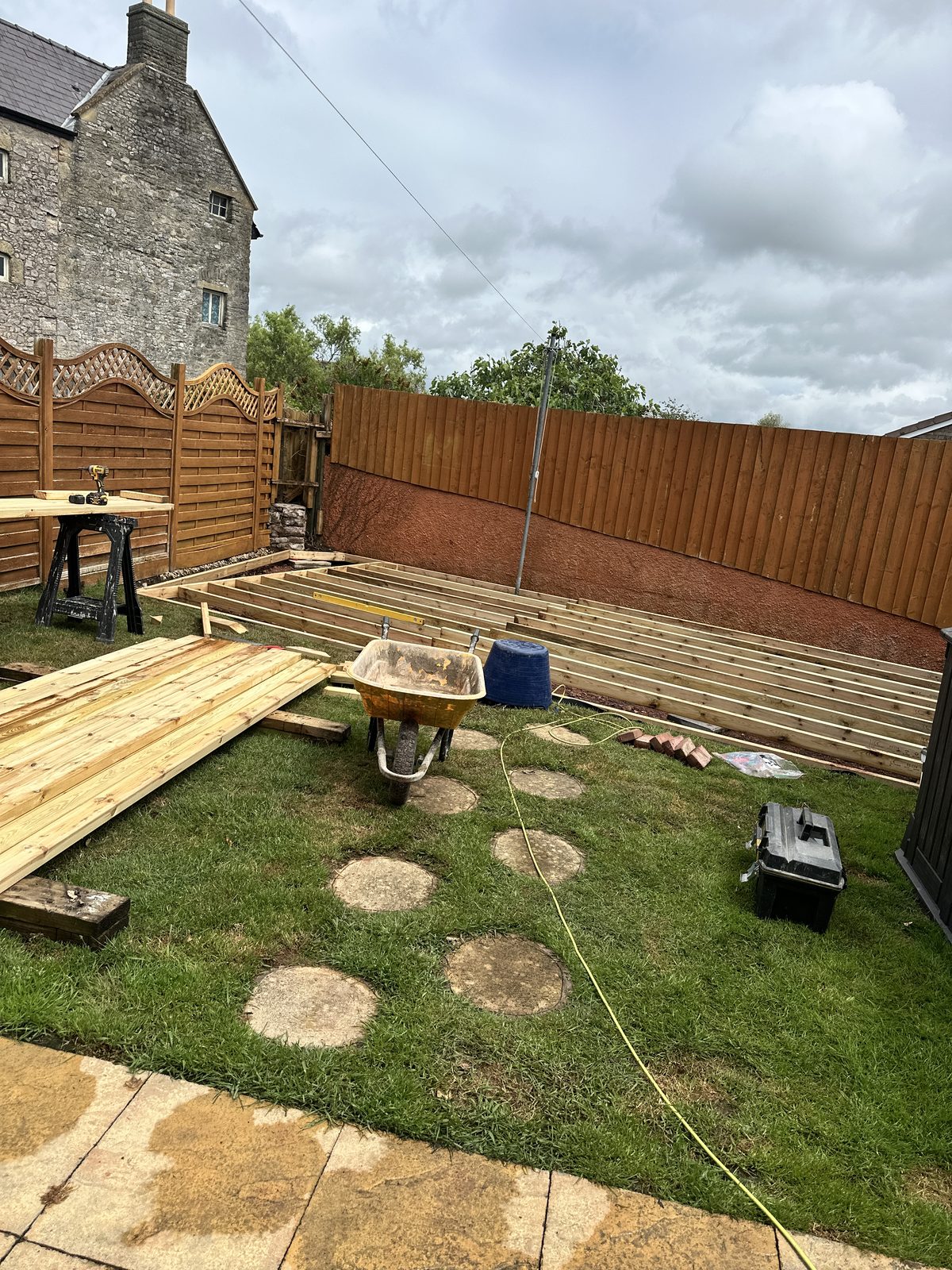 A new decking subframe being built on level bearers before the boards go down